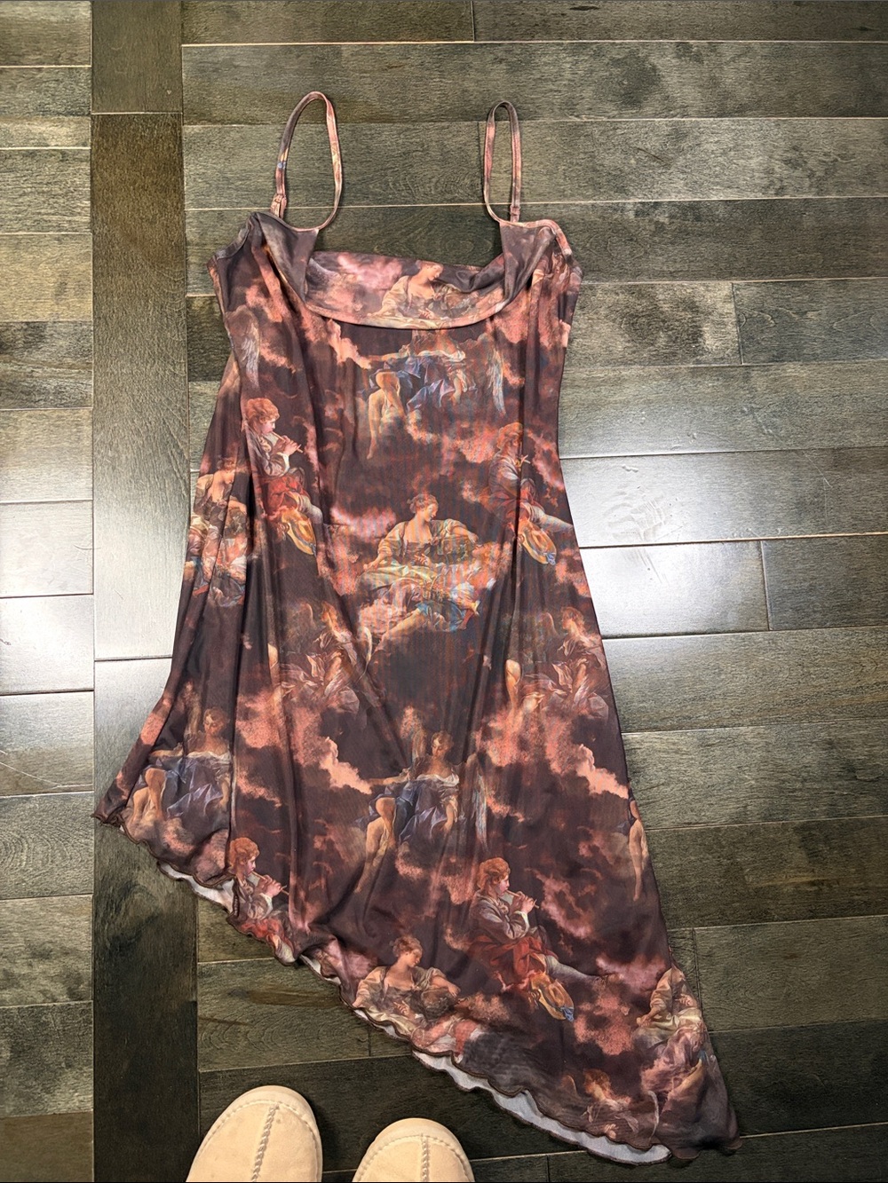 SHEIN MOD Renaissance Angel Print Mesh Asymmetrical Slip Dress Size L Y2K
